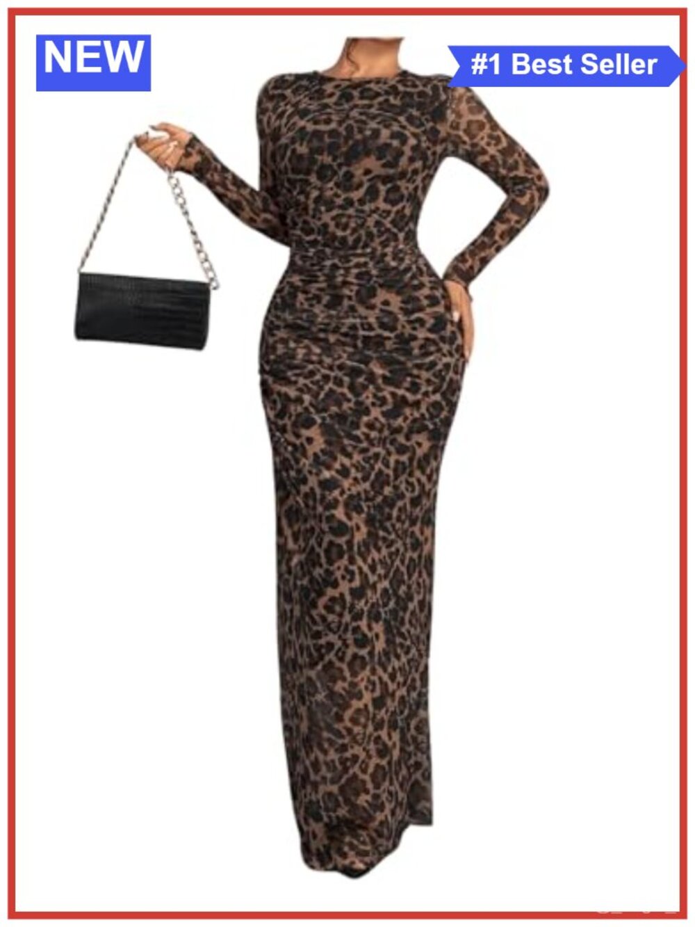 Y2K Leopard Print Mesh Sheer Bodycon Maxi Dress Long Sleeve Formal